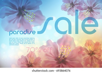 Paradise summer sale background, discount, floral design, beautiful bright color.