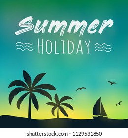 Paradise summer under palm trees. Shiny poster with text. Vector.
