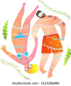 Paradise summertime tropical scene with young couple swimming. Cartoon cute lovers swim in the ocean or sea, seasonal artistic art print design. Two people in the water isolated on white.