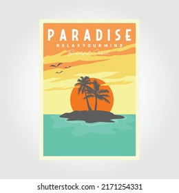 paradise sunset beach poster, Palm Tree and Water Wave vector design illustration