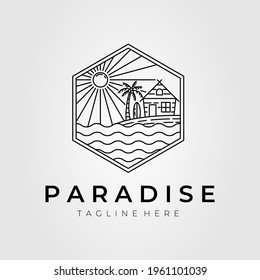 paradise surfing logo. ocean, summer, beach, sunburst logo template vector illustration design
