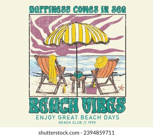 Paradise t shirt graphics design, typography slogan on palm trees background. Surfing board hand sketch. Happiness comes in sea. 
 Beach vibes artwork for t shirt, poster, sticker. Summer good vibes. 