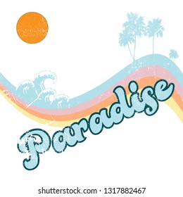 Paradise Text with Palm Tree Vectors with Waves for Fashion and Poster Print design - Vektör