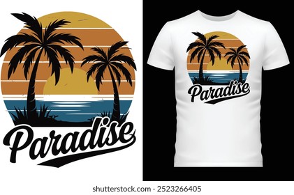 Paradise with this retro-inspired sunset and palm trees T-shirt design.