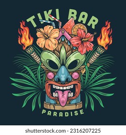 Paradise Tiki bar flyer colorful with ancient idol mask mug for beach drinks and tree leaf torches vector illustration