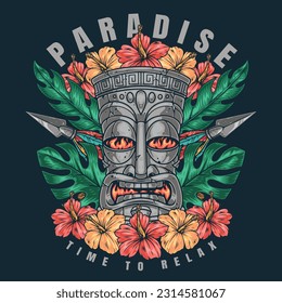 Paradise Tiki máscara pegatina colorida con cara de piedra con fuego en los ojos y lanzas entre flores exóticas ilustración vectorial