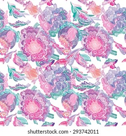 Paradise Tileable Texture with Floral Motif | Seamless vector pattern with chrysanthemum flowers in sketch style with watercolor effect on white background