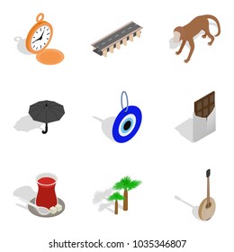 Paradise trip icons set. Isometric set of 9 paradise trip vector icons for web isolated on white background