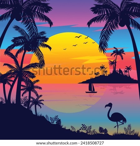 Paradise tropical beach sunset vector background