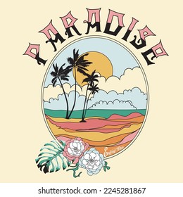 Paradise tropical beach women's graphic tee, Palm tree island print design for t shirt print, poster, sticker, background and other uses. Beach vibes with surfing board vintage print design.