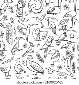 Paradise tropical birds. Colouring background. Seamless pattern for your design