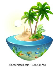 Paradise tropical island in sea. Palm, sand castle and sea turtle. Summer beach vacation holidays. Isolated on white vector cartoon 3d isometric illustration