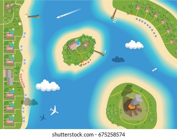 Paradise tropical islands, top view. Summer vacation on the island in the sea, honeymoon. Vector hand drawn illustration