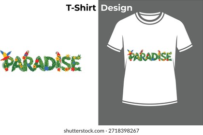 Ilustração do vetor de t-shirt tropical do paraíso, design de texto de verão com pássaros exóticos para férias, viagens na ilha e arte da natureza.