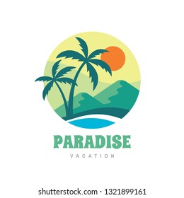 Paradise vacation - concept business logo vector illustration in flat style. Tropical summer holiday creative badge. Palms, island, beach, sea wave. Travel webbanner or poster. Graphic t-shirt design.