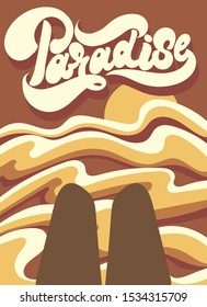 Paradise. Vector hand drawn illustration of stylised landscape with lettering isolated. Creative artwork.Template for card, poster, banner, print for t-shirt, pin, badge, patch.