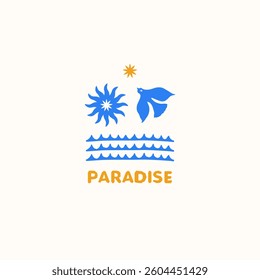 Paradise vector logo template. Sea beach emblem with flower, bird and sun.  Summer artwork for t-shirt and shopper bag design. Vector illustration. Fabric textile print.