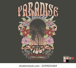 Paradise vibes. Tropical flower design t for fashion and others.  Hibiscus floral print. Sunshine paradise graphic print design. Ocean big wave.