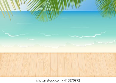 Paradise white sandy beach lapped by the waves of crystal clear blue sea, natural wooden decking and palm tree leaves vector illustration