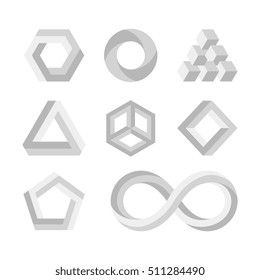 Paradox impossible shapes, 3d twisted objects, vector math symbols. Visual impossible style, illustration of geometry impossible loop for logo