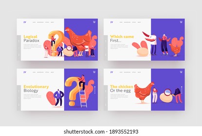 Paradox Which Came First Chicken or Egg Landing Page Template Set. Chicken-and-egg Metaphoric Adjective. Tiny Male and Female Characters at Huge Hen with Question. Cartoon People Vector Illustration