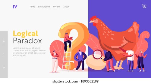Paradox Which Came First Chicken or Egg Landing Page Template. Chicken-and-egg Metaphoric Adjective. Tiny Male and Female Characters at Huge Hen with Question. Cartoon People Vector Illustration