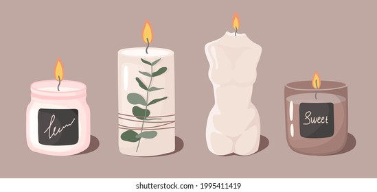 paraffin aromatic candles for aroma therapy isolated on light background. Cute hygge home decoration, holiday decorative design element. Flat cartoon colorful vector illustration.