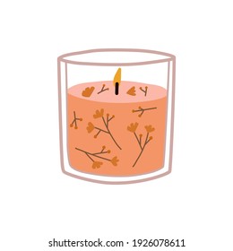 Velas aromáticas de parafina con flores secas o terapia de aroma o cera quemante. Decoración de casa de gran tamaño, elemento decorativo de vacaciones. Escándalo de vector plano. Relajación y descanso