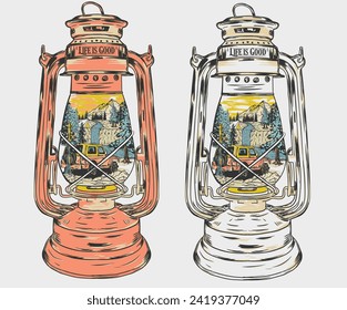 Paraffin lamp. Explore the great outdoors, vector mountain with sunset. Vintage mountain graphic artwork for t shirt and others. Hill peak adventure vintage print design. Adventure is calling.