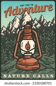 Paraffin lantern lamp for camping in the forest or mountains adventure poster