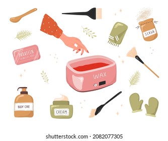 Paraffin therapy. Moisturizing wax from skin care. Paraffin spa treatment for hands. Icons collection of cosmetic procedures for skin. Vector illustration in flat cartoon style.