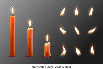 Paraffin or wax burning party candle and different flame icon set
