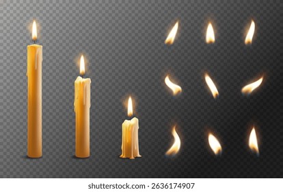 Paraffin or wax burning party candle and different flame icon set