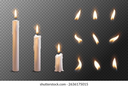 Paraffin or wax burning party candle and different flame icon set