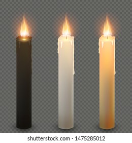 Paraffin or wax realistic dark light and yellow burning party candle, isolated on transparent background. EPS 10