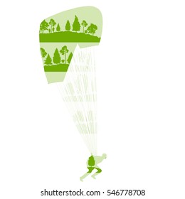 Paraglider landing vector background concept made of forest trees fragments isolated on white