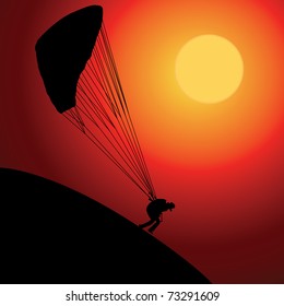 Paraglider over sunset, colored vector illustration