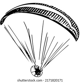 The paraglider paragliding on the paraglide, outline black and white vector