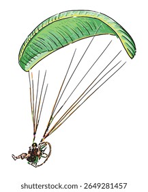 Paraglider person, green parachute flying in sky, extreme sport, sketch, hand drawn vector illustration isolated on white background
