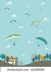 Paragliders over the country. Vector