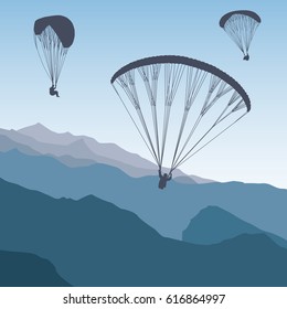 Paragliders in the sky against mountains. Vector illustration.