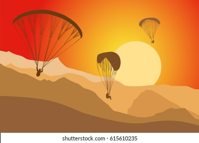 Paragliders in the sunset sky against mountains. Vector illustration.