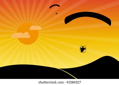 Paragliders at sunset. Vector illustration.