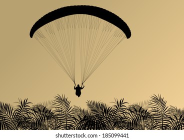 Paragliding active sport background landscape concept vector with palm tree leaves