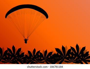 Paragliding active sport background landscape concept vector with jungle leaves