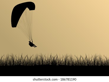 Paragliding active sport background landscape concept vector with grass field