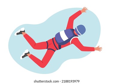Paragliding, Base Jumping Extreme Activities. Skydiver Character Jumping with Parachute Soaring in Sky. Skydiving Parachuting Sport. Parachutist Flying Through Clouds. Cartoon Vector Illustration