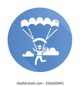 Paragliding blue flat design long shadow glyph icon. Parachuting , paratrooping activity. Skydiving, hang gliding recreation. Flights in sky and jumps with parachute. Vector silhouette illustration