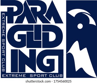 Paragliding Extreme Sport Club logo. Hand lettering illustration made in stylised capital letters. Mountain silhouette.