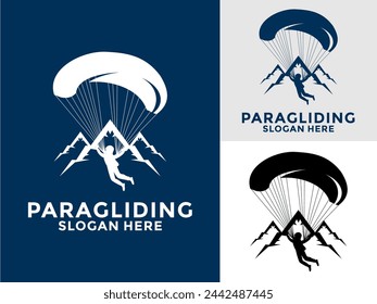 Vector de logotipo de deportes voladores de parapente, plantilla de diseño de logotipo de parapente de alta aventura